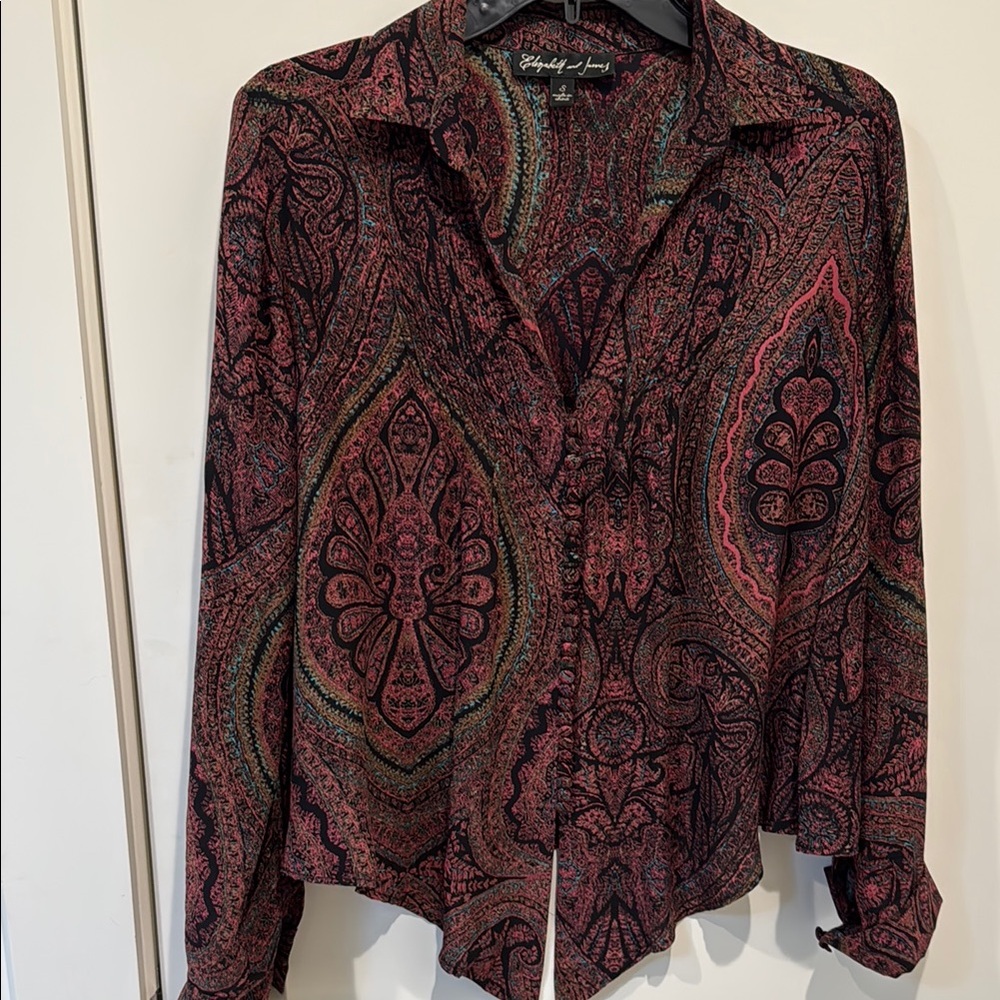 Elizabeth and James Red and Black Asymmetrical Button Down Blouse